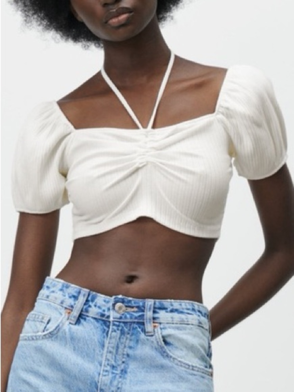 Zara White Ribbed Puff-Sleeve Halter Crop Top